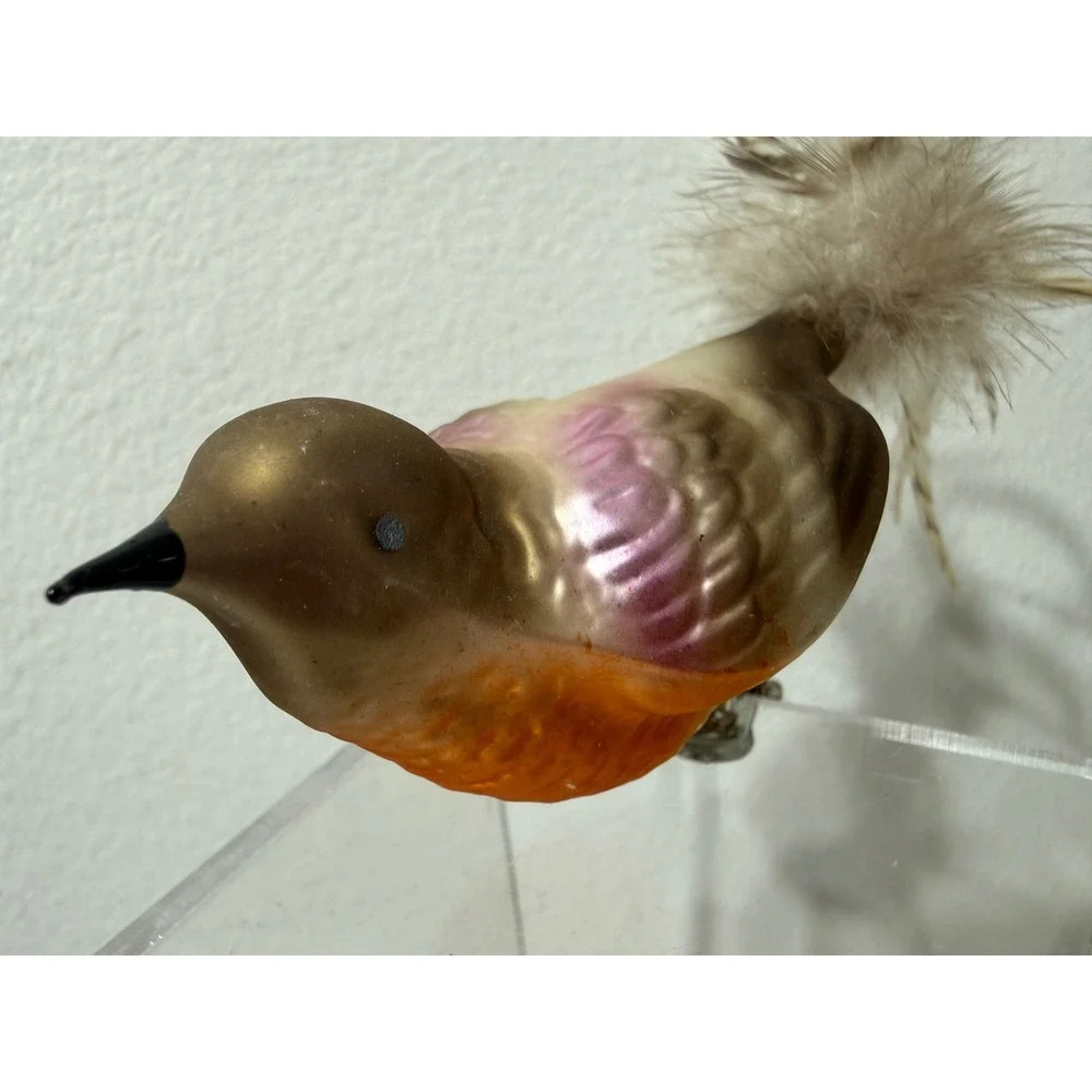 Vtg Painted Multicolor Glass Bird ClipOn Christmas Ornament Feather Tail 7.5 Inc